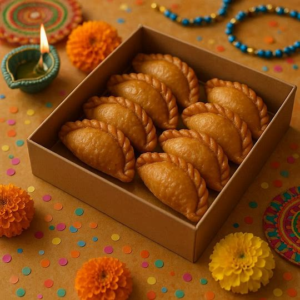 Handcrafted gujiya sweets with a flaky pastry crust and rich mawa filling.