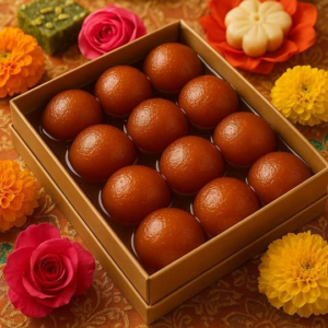Golden-brown Gulab Jamun sweets dripping with sugar syrup and garnished with pistachio