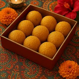 A colorful assorted ladoo gift box for Diwali, featuring besan, motichoor, and dry fruit laddoos