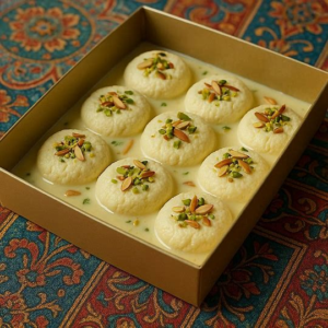 Delicious, spongy Rasamalai soaked in saffron-infused milk